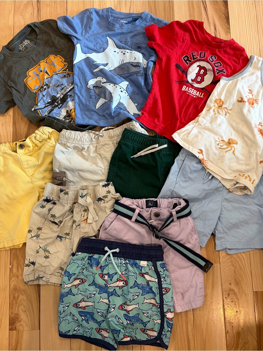 Mixed Boys' Shorts and Tees Lot - Sharks, Red Sox, Star Wars bundle